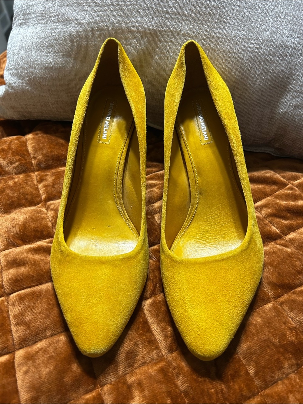 Antonio Melani suede block heel pumps, size 9, mustard yellow
